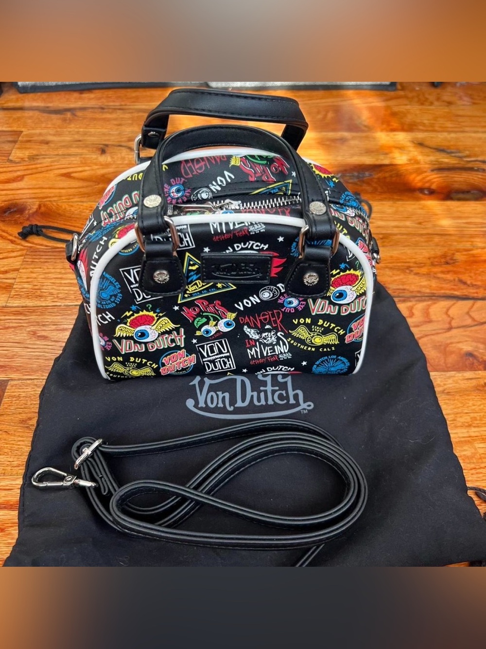 Von Dutch Black Multi-Color Logo Print Mini Bowling Style Bag